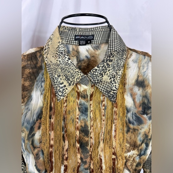 Y2K Piano sheer mixed media button down collared blouse size M - Picture 2 of 9